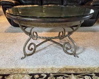 Leather reclining sofa, round glass top coffee table 