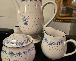 Teapot, suger, and creamer set