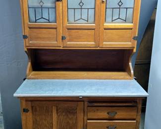 Hoosier-Style Oak Cabinet With Metal Top And Etched Glass Doors
