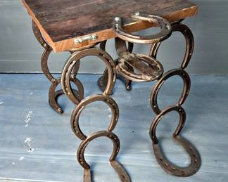 Horseshoe Accent Table With Attached Drink Holder And Horseshoe Stake Drink Holder 