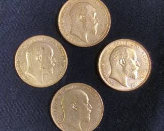 1907, 1908, And 1910 King Edward VII Gold Sovereign Coins Fineness 916.7 Pure Gold Content 7.3224 Grams Each Qty 4 