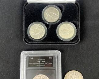 1944 Walking Liberty Half Dollars, Qty 2 And Standing Liberty Quarters, Qty 3
