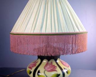 Victorian Style Floral Lamp With Fringe Beaded Shade, Approx. 27" x 19"