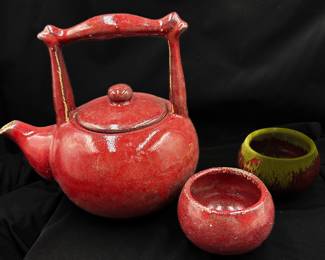Vintage Red Clay Teapot with Fixed Upright Handle and Two Matching Cups
