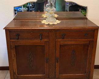 Antique Oak Side Board W/ Mirrored Upper Gallery Section