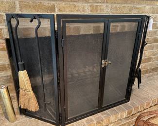 Three Panel Fireplace Screen with Tools