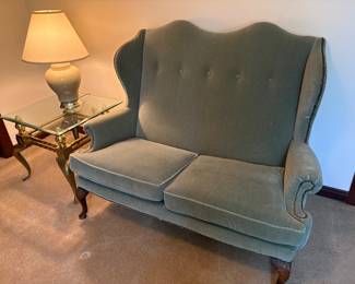 Camelback/Chippendale-Style Loveseat, Brass/ Glass End Table and a Pair of Ceramic Table Lamps