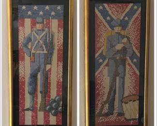 Hand-stitched Needlepoint Panels featuring Union & Confederate Soldiers