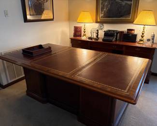 Large Executive Style Desk W/ Leather Inserts and Matching Credenza by The Georgian Furniture Company
