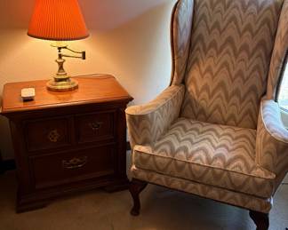 And One Nightstand w/ a Pair of Traditional Queen Ann Style Wingback Chairs