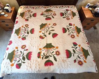 Antique Trapunto stitched hand made flower basket quilt