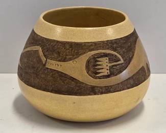 Signed Pueblo Avanyu Water Serpent  Pottery Vase