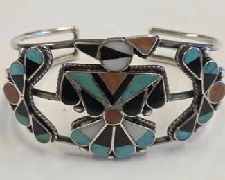 Zuni inlaid turquoise, coral, mother of pearl and onyx knife wing cuff bracelet