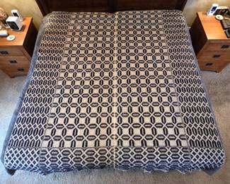1840s Antique Blue & White Overshot Coverlet. Woven by a skilled weaver between 1820 and 1840 whose work shows the influence of New Jersey weaving patterns common among families who migrated from the East Coast to Ohio. 