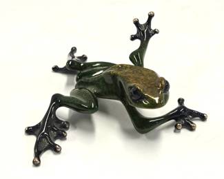 2009 Tim Frogman Cotterill Bronze Frog Figurine. Limited edition 1681 of 5000. Measuring 3 1/2" x 3" x 1" tall. The artist is a British born sculptor based iin Venice Beach, California. His high value sculptures are cast in bronze using the "lost wax" technique with jewel tone patinas. 