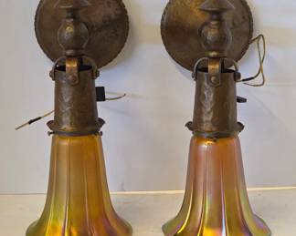 Arts & Crafts Mission sconces, hammered iron or bronze with applied copper patina and period shades