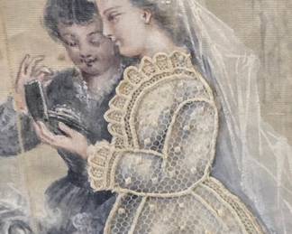Detail of lace collar. Note the fine lace overlay of the bride's dress over the painted panel.