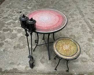 Two Mosaic Garden Tables With Screw On Table Torches