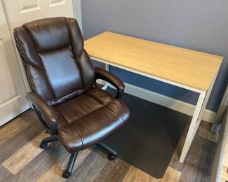 Desk and Leather Office Chair with Floor Mat