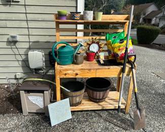 Garden Potting Bench With Soil Pots And Tools