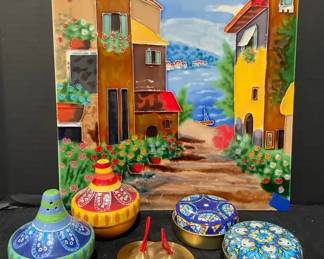 12 X 12 Painted Tile Colorful Salt  Pepper Shakers Soaps In Tins  Mini Hand Cymbals