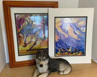 Two Western Theme Prints with Hand Painted Sandicast Wolf Figure