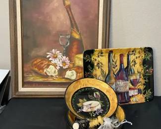 Framed Oil Painting Signed K Cisneros 76 Pasta Bowls Serving Platter  Wine Openers