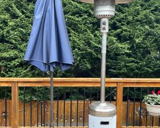Large Blue Umbrella And Heavy Duty Stand With Fire Sense Freestanding Propane Patio Heater