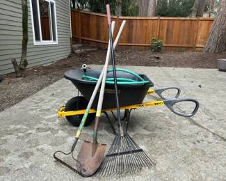 True Temper Wheelbarrow With Yard Tools And Hose