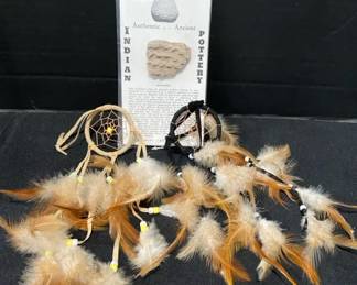 Two Feathered Dream Catchers With Authentic Indian Pottery Piece