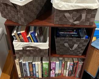 Cubed Bookshelf With Mystery Lot Of Books  DVDs With Baskets