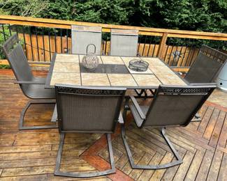Patio Table With Six Chairs Candle Holders And Umbrella Stand