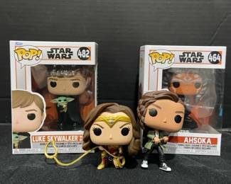 Funko Pops Featuring Luke Skywalker Ashoka Wonder Woman  Spiderman