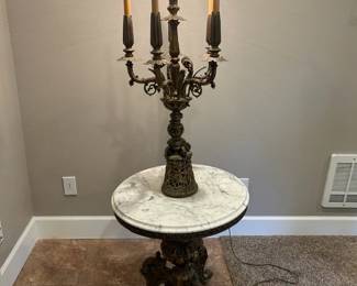 Vintage Electric Gilt Bronze Candelabra Lamp Marble Tabletop