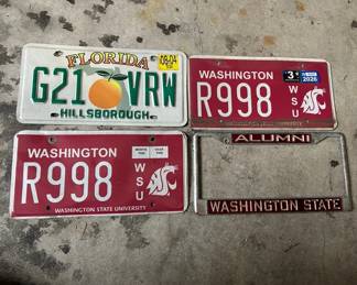 Two Washington State University License Plates With Frame And Florida Plate