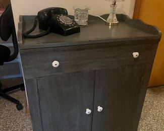 Sewing cabinet, vintage phone