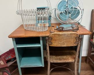 Child’s desk and vintage fan