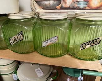 1930's Green Uranium Vaseline Depression Glass Hoosier Ribbed Jars