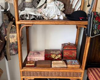 Wicker shelves and decorative boxes