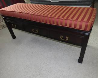 Asian style bed bench with drawers and satin cushion