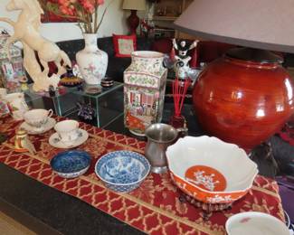Bone china tea cups, Asian vases, table lamp, bowls 