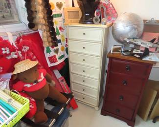 Model plane, two chests, luggage rack, teddy bears.