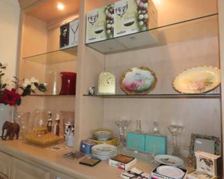 New in box wine glasses, lead crystal candlesticks, coasters, vases, bone china plates.