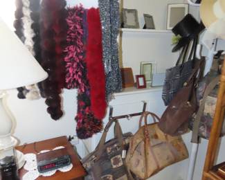 Bedroom, purses, scarves and frames.