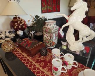 Bone china, jewelry box, horse figure, faux Bonsai, Murano glass.