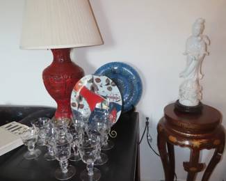 Vintage stemware, Cinnabar table lamp, Asian stand, large charger plates.