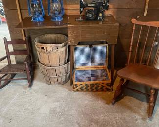 Singer sewing machine, child’s rocker, Bushel Baskets