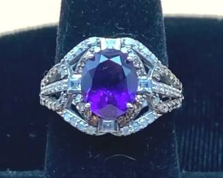 Sterling Diamond  Amethyst Ring