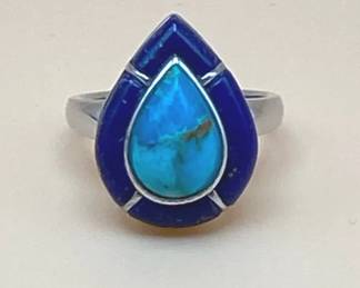 Sterling Teardrop Shape Turquoise  Lapis Lazuli Ring