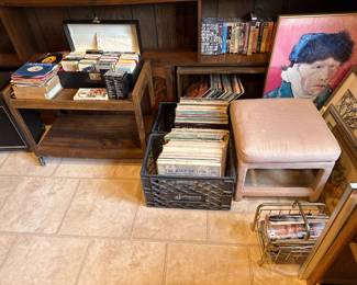 Assorted vintage audio equipment including speakers, stereo components, and media players